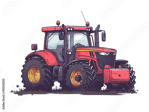 Vector illustration of a red tractor on a white background. Side view