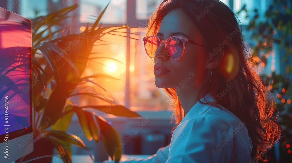 Portrait of a young woman in neon lights with dreamy bokeh background Portrait of a young woman in neon lights with dreamy bokeh background