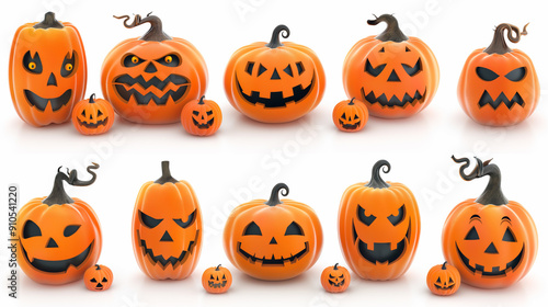 A Spooky Squad: Ten carved pumpkins with mischievous and menacing expressions, set against a clean white background for a festive Halloween vibe. 