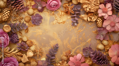 Golden Autumn Floral Frame: A warm and inviting frame of pink and purple flowers, pine cones, and other natural elements set against a shimmering gold background. Perfect for adding a touch of autumna photo