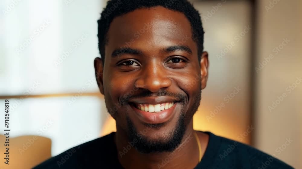 This cheerful young man smiles warmly while seated indoors. This cheerful young man smiles warmly while seated indoors.