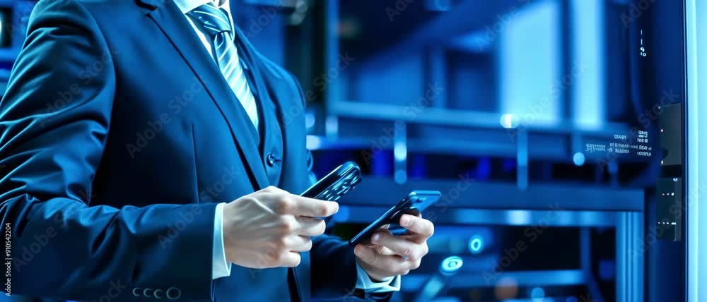 Businessman Manages Data in a Modern Server Room: Using a Smartphone to Monitor Servers and Network Performance. Data Center & Technology Management Businessman Manages Data in a Modern Server Room: Using a Smartphone to Monitor Servers and Network Performance. Data Center & Technology Management