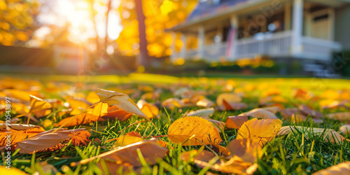 Fototapeta Naklejka Na Ścianę i Meble -  Fallen autumn leaves on perfect manicured lawn on a backdrop of residential house backyard. Fall season, sunny day outside.