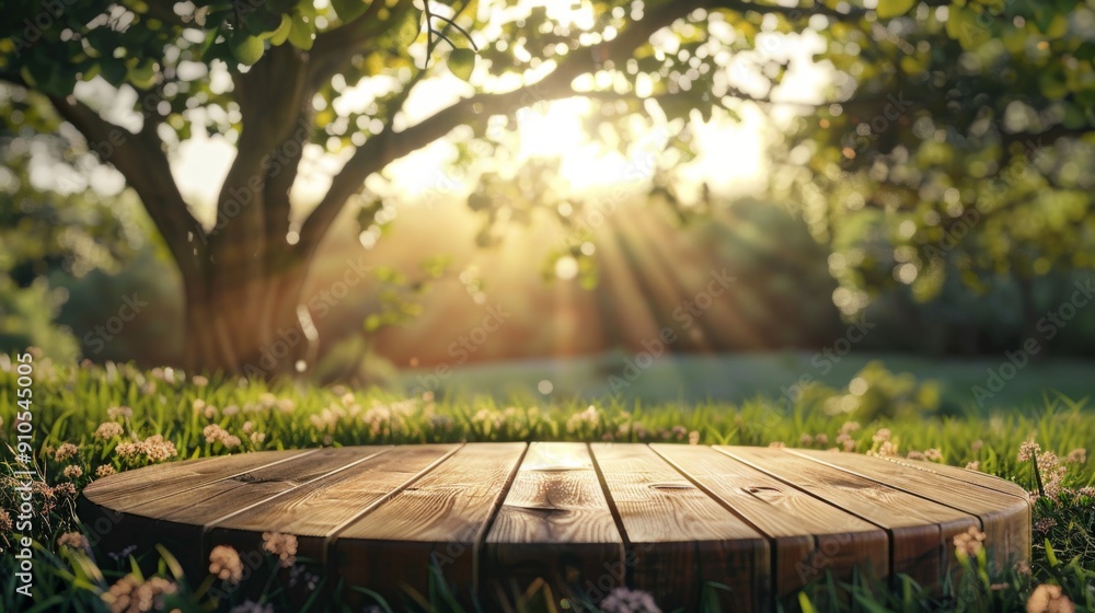 Naklejka premium A tree table wooden podium set on a farm, ideal for displaying food, perfume. AI Created.