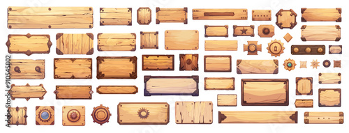 Cartoon wooden user interface set. Game UI design elements wood frames borders buttons menu vector illustration
