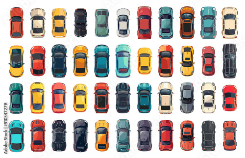 Flat cars top view set. City vehicle transport, different colored passenger automobiles, driving transportation icon vector illustration