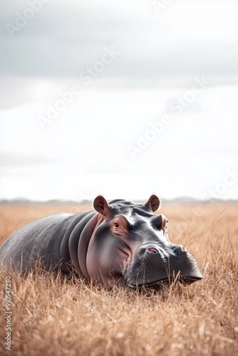 Hippos in their natural habitatin the wild copy space Generative AI photo