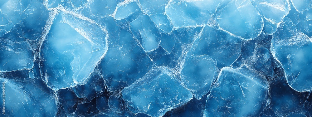 Obraz premium Beautiful winter natural blue ice texture of surface of frozen. Nature abstract pattern of white cracks. Winter seasonal background, mock up, flat lay, ice texture background, ice banner 