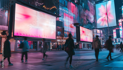 Fototapeta Naklejka Na Ścianę i Meble -  digital billboard mockup, people walking, city street, night time,...