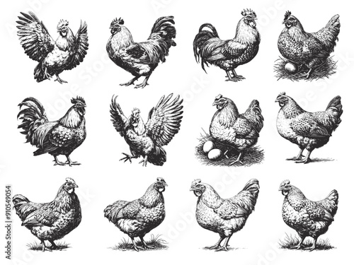 Hand drawn rooster and hen set. Engraving farm animal bird poses, chicken with eggs, poultry vector illustration