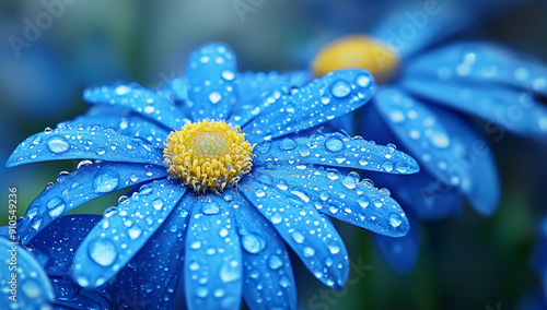 Blue daisies with water droplets on petals, close-up of blue...