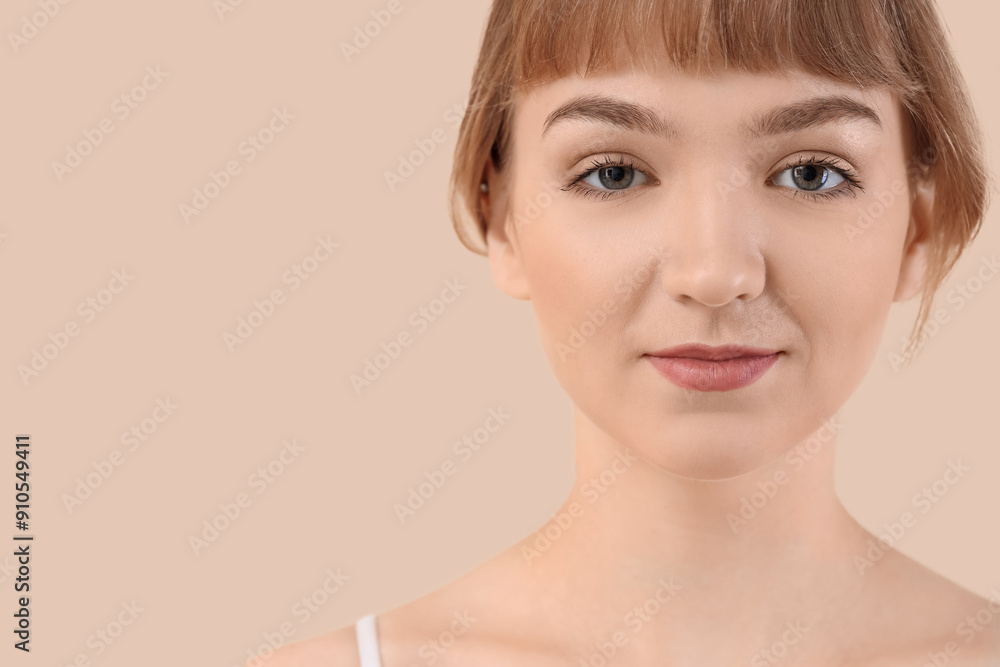 Beautiful young woman on beige background, closeup Beautiful young woman on beige background, closeup