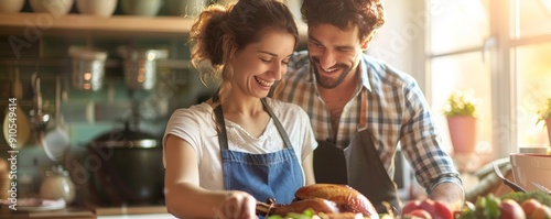 Illustration of a couple cooking a festive dinner together in a modern kitchen