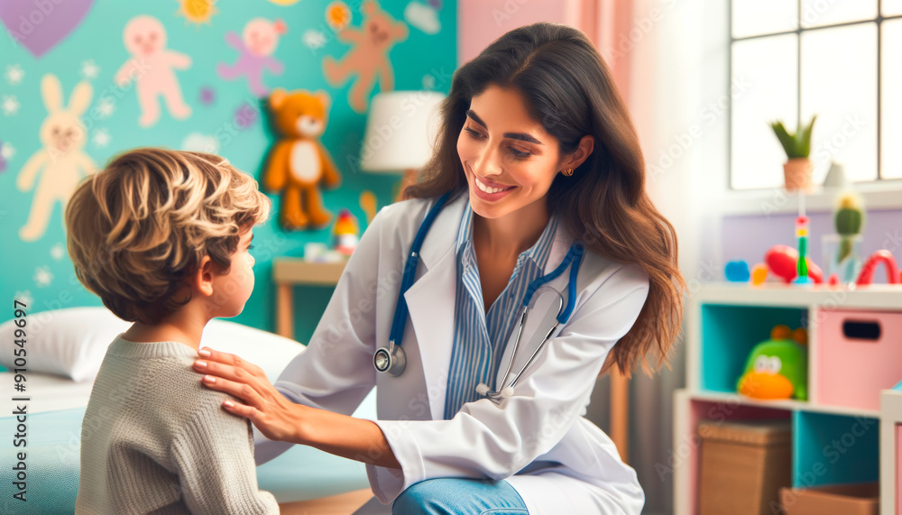 Fototapeta premium Caring pediatrician comforts child in vibrant clinic