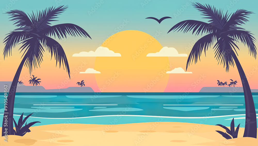 Beach with palm trees and sea landscape flat vector illustration,... Beach with palm trees and sea landscape flat vector illustration,...