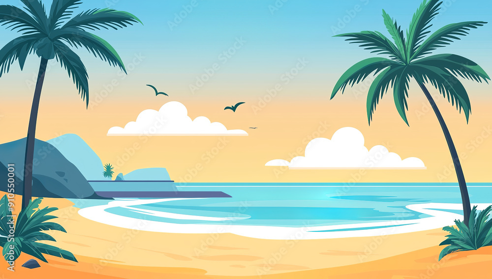 Beach with palm trees and sea landscape background flat vector... Beach with palm trees and sea landscape background flat vector...