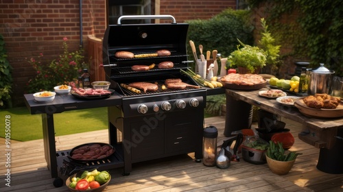 Illustration of an outdoor kitchen, with a background of grill, table and kitchen utensils