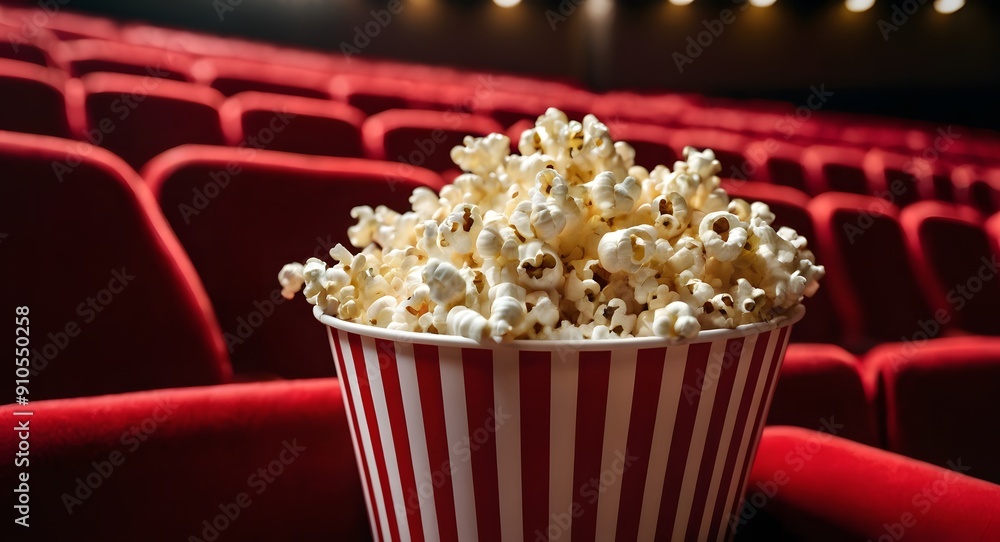 Close up on striped popcorn cup full of popcorn in a movie theater with red seats. Close up on striped popcorn cup full of popcorn in a movie theater with red seats.