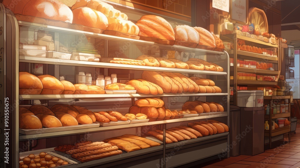 Illustration of a wet bakery, with a background of shelves and various types of bread and indoor lights Illustration of a wet bakery, with a background of shelves and various types of bread and indoor lights