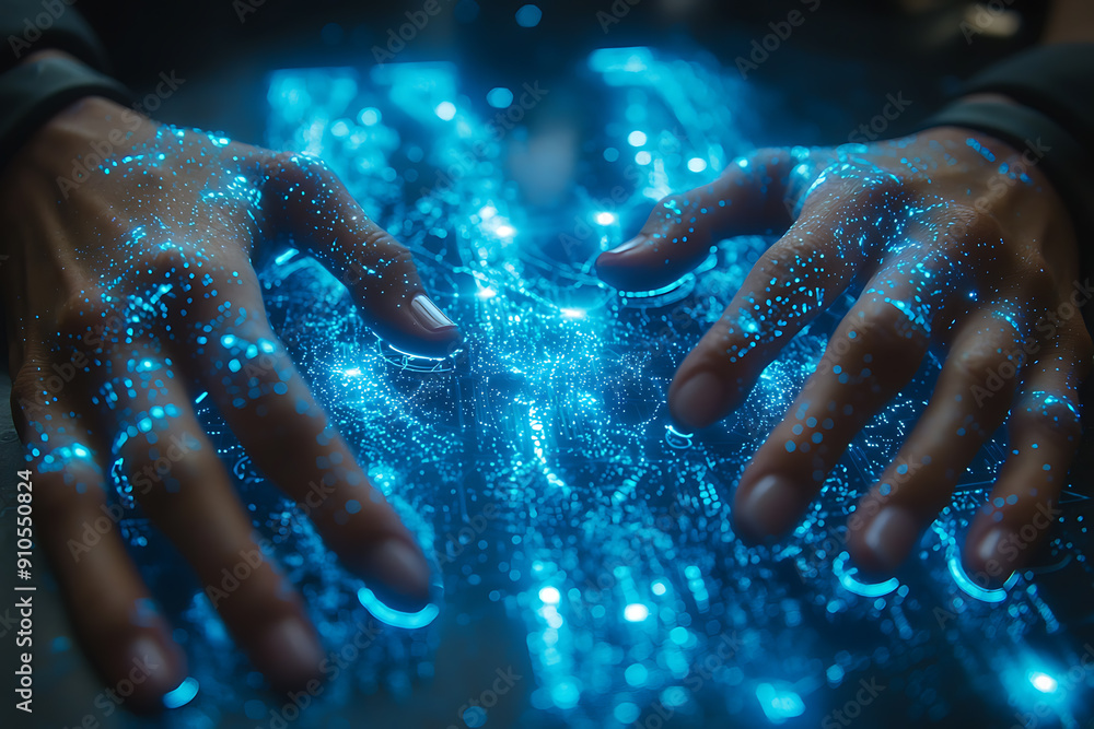 A woman interacts with a glowing digital interface, highlighting advanced technology, innovation, and the future of data interaction.
