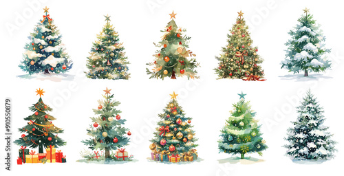 Watercolor christmas tree set. New year winter pine decoration with gift boxes and toys, fir for holiday card vector illustration