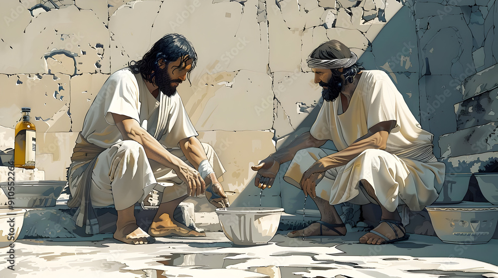 Illustration of Two Men Washing Bowls Illustration of Two Men Washing Bowls