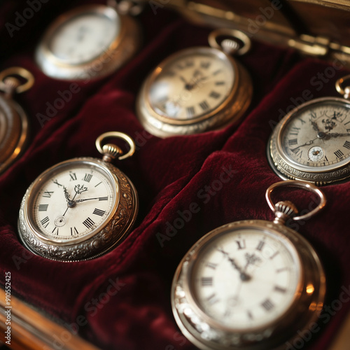 Close-up of a collection of antique pocket watches displayed on velvet cushions photo