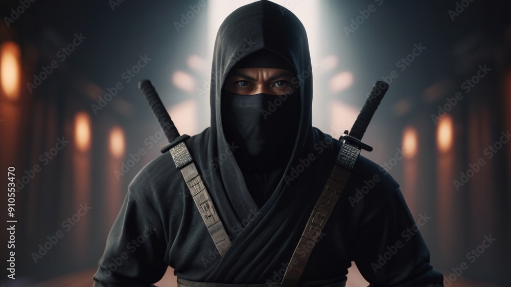 A Ninja Stands In A Dark Room, Bathed In Light A Ninja Stands In A Dark Room, Bathed In Light