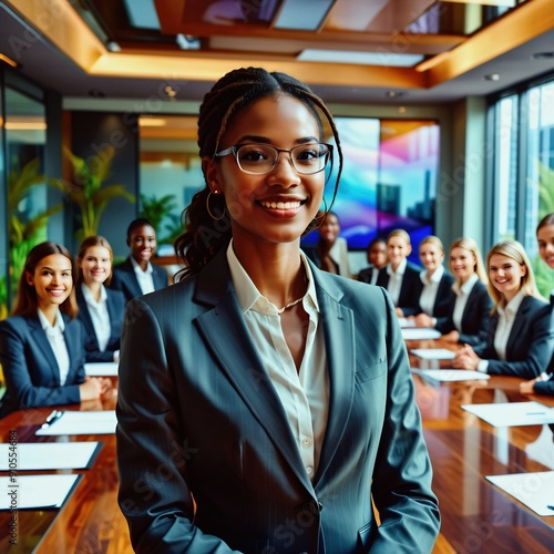 Mujer de negocios en una reunión o junta laboral. Al fondo muchas mujeres de negocios y ejecutivas. Representa la fuerza de la mujer en el mundo laboral.  photo