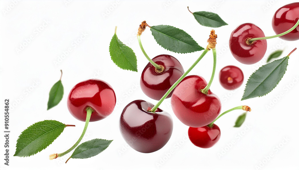 cherries falling or flying in the air with green leaves isolated on white background. Generative AI cherries falling or flying in the air with green leaves isolated on white background. Generative AI