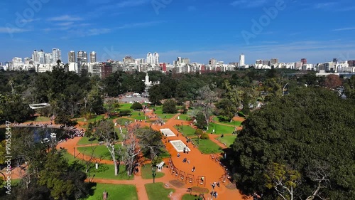 WS TS Rosedal Park with panoramic view of Buenos Aires. Aerial camera pulls back over the park