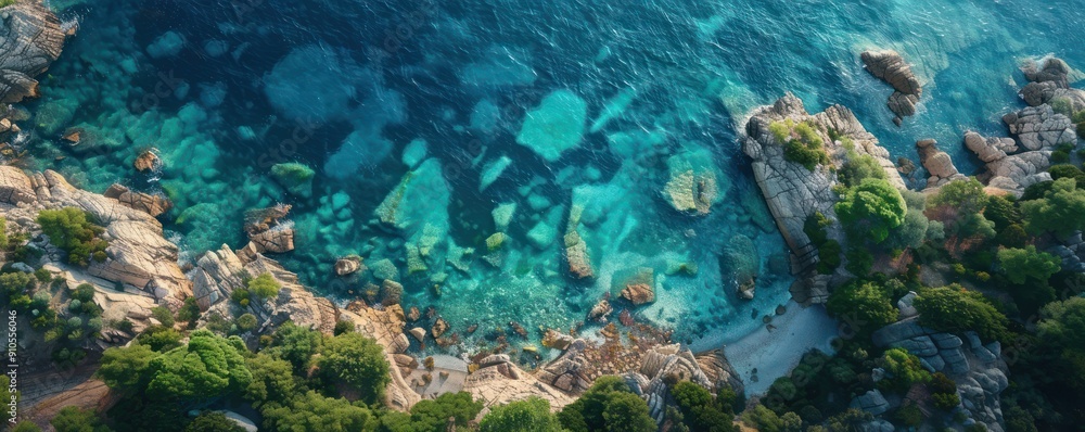 Fototapeta premium Aerial View of Turquoise Waters and Rugged Coastline, Overhead Perspective of Expansive Seaboard and Dynamic Shoreline