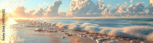 Serene Coastal Sunset Tranquil Shoreline Meeting the Deep Ocean with Soft, White Waves and a Sky Filled with Clouds at Golden Hour