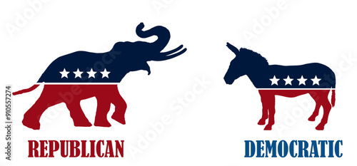 Vector illustration silhouette animals donkey VS elephant isolated. Republican and democrat political parties USA flag symbol. Presidential American political election vote campaign. US patriotic sign