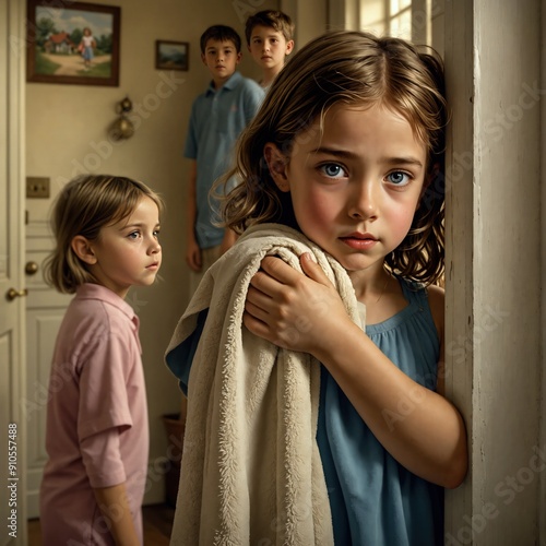 Niña con mirada triste, expresiva, en su casa, con más hermanos. Mirada profunda y expresiva. Representa el rostro de la depresión infantil.  photo