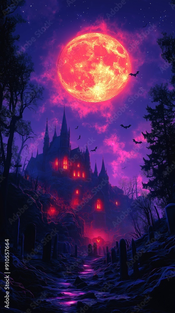 Haunted Castle with Red Full Moon, Graveyard, Bats, Spooky Halloween Night, Ideal for Halloween Decor, Invitations Haunted Castle with Red Full Moon, Graveyard, Bats, Spooky Halloween Night, Ideal for Halloween Decor, Invitations