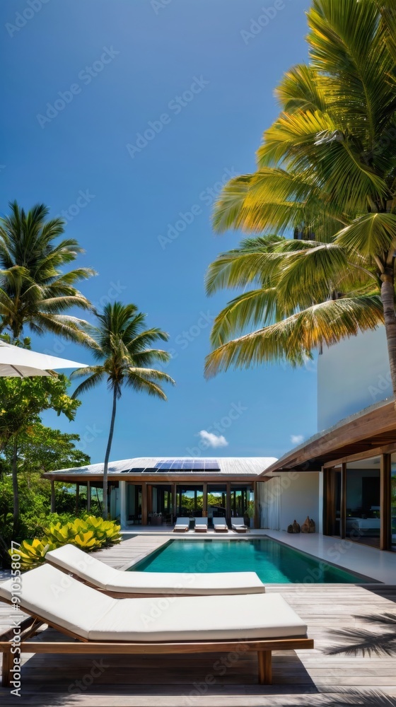 Fototapeta premium Palm Trees and Lounge Chairs Surrounding a Swimming Pool