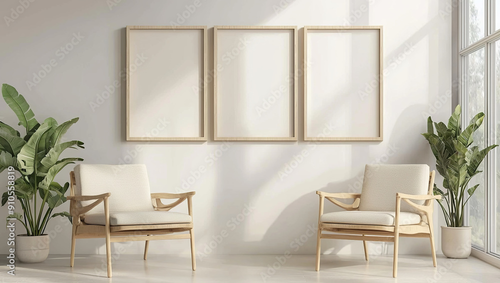 A mockup of three blank wooden frames on the wall, each frame is... A mockup of three blank wooden frames on the wall, each frame is...