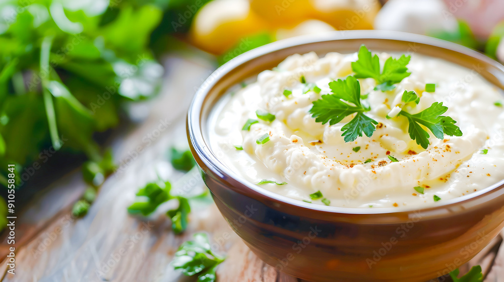 White Sauce Bowl with Parsley and Garlic on Wooden Table White Sauce Bowl with Parsley and Garlic on Wooden Table