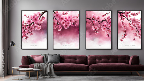 Pink Cherry Blossom Art Posters: Metallic Background photo