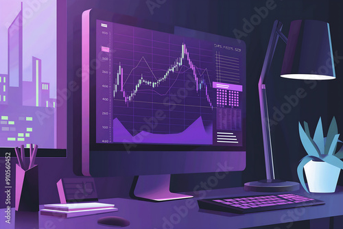 Maximize Investment Strategy with Advanced Market Trend Analysis on a Sleek Computer Setup Against an Urban Skyline Backdrop photo