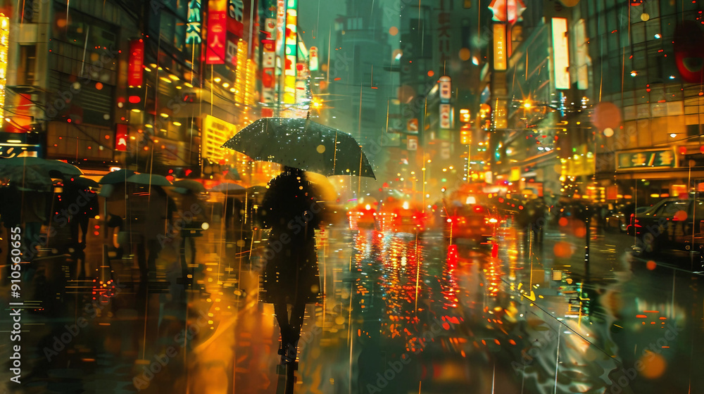 Obraz premium A woman is walking down a city street with an umbrella