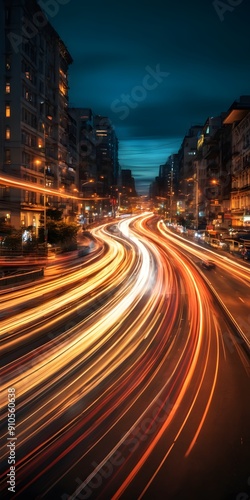 High speed urban traffic on a city street during evening rush hour, car headlights motion blur lighting and long exposure effect, vertical orientation.