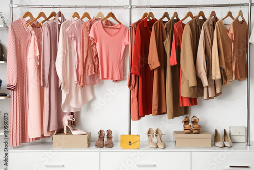 Wardrobe with stylish female clothes and shoes