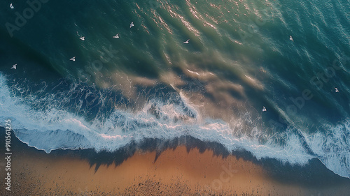 Aerial Beach View. An awe-inspiring aerial perspective of a pristine sandy beach where turquoise waters meet the shore, creating a tranquil and captivating scene.