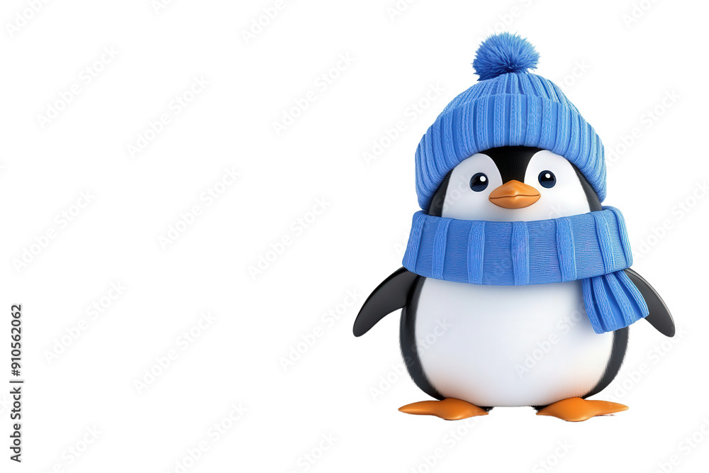 Obraz premium cute penguin wearing winter hat and scarfs, isolated png transparent background