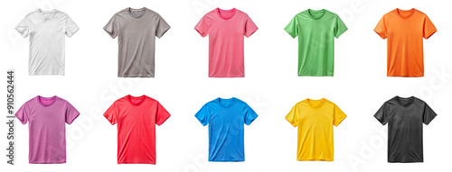 Colorful t-shirts displayed in various shades - isolated transparent png photo