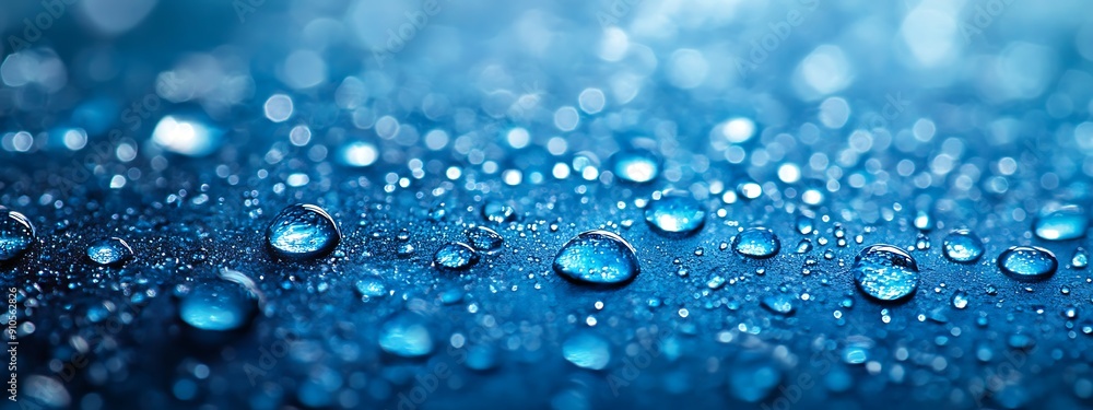 Close-up view of water droplets on a blue background Close-up view of water droplets on a blue background
