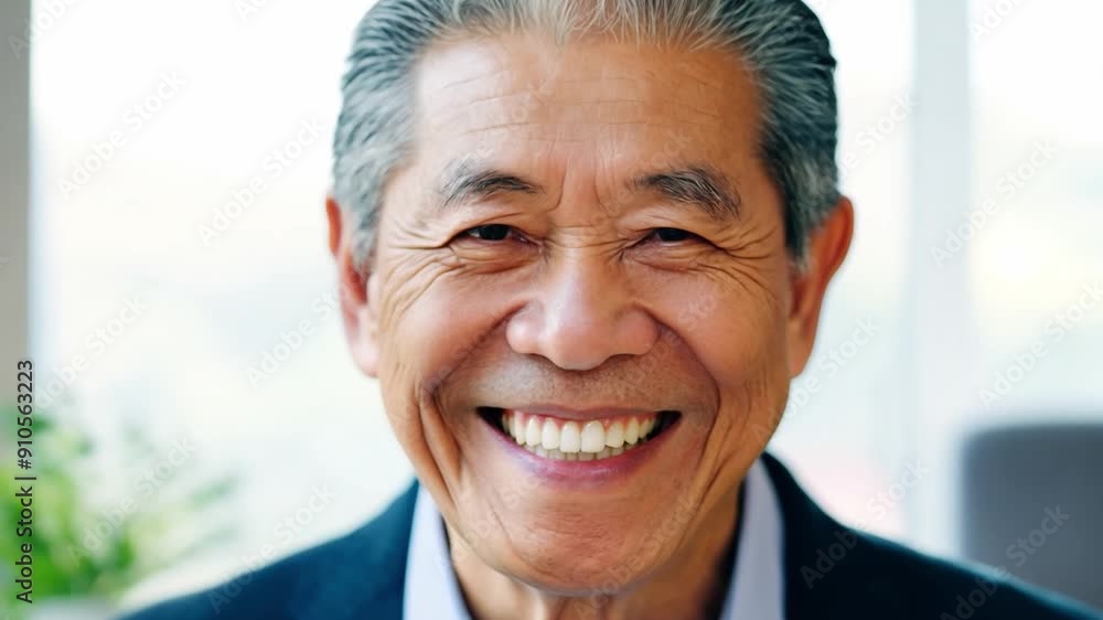 This elderly Asian man smiles warmly in a sunlight-filled room, radiating joy and contentment This elderly Asian man smiles warmly in a sunlight-filled room, radiating joy and contentment