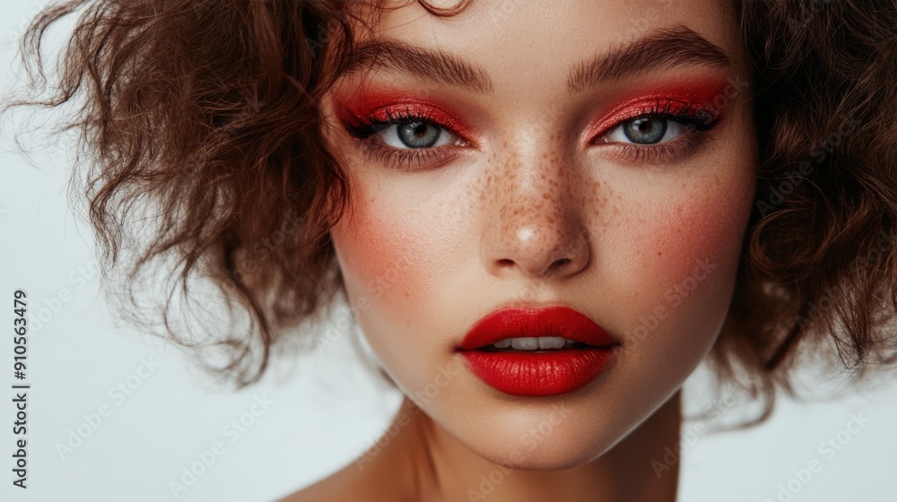 Elegant portrait of a woman with bold red makeup on a light background Elegant portrait of a woman with bold red makeup on a light background